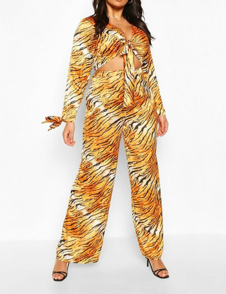 Tie Front Tiger Top & Pants Two-Piece|Size: 1XL