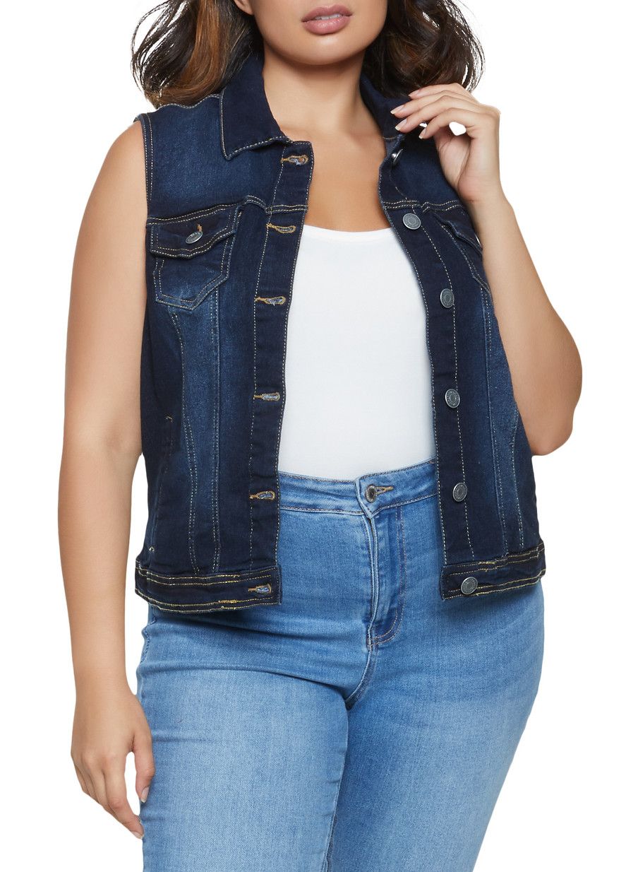 Dark Wash Button Front Denim Vest|Size: 1X