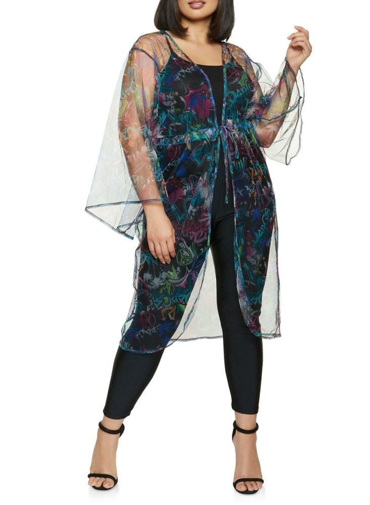 Black Mesh Duster/Cover-Up  Graffiti Print Size: 1XL