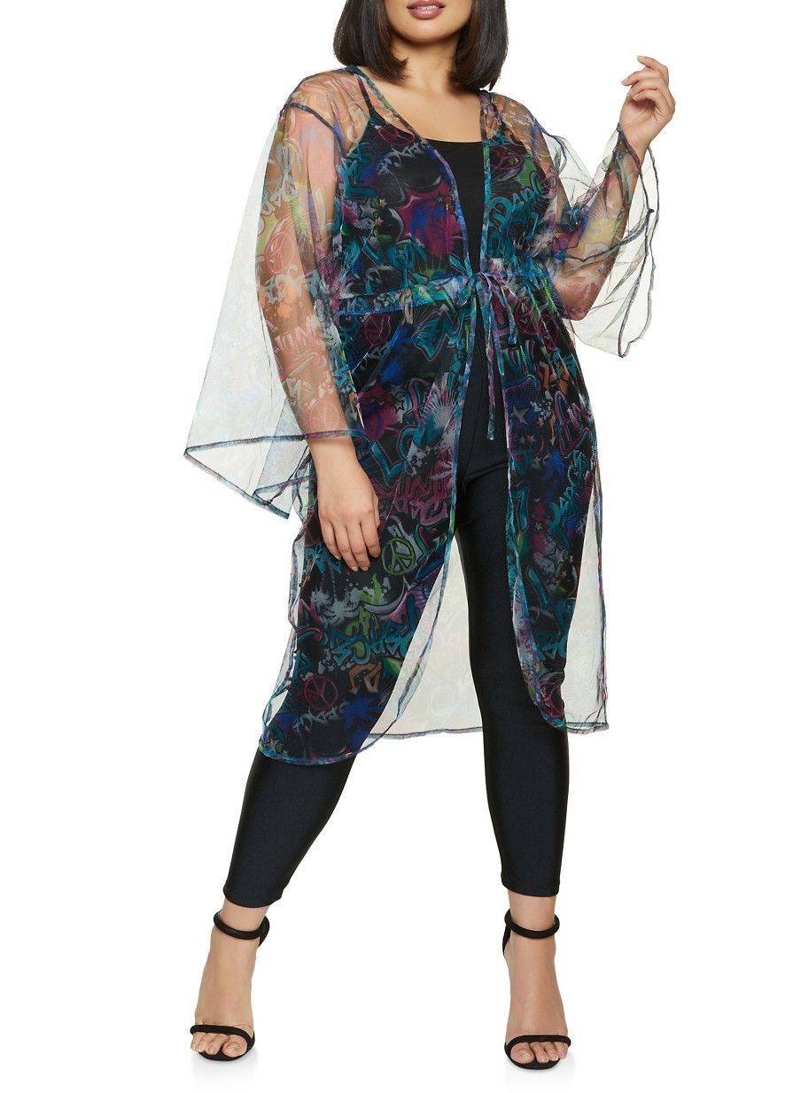 Black Mesh Duster/Cover-Up  Graffiti Print|Size: 1XL