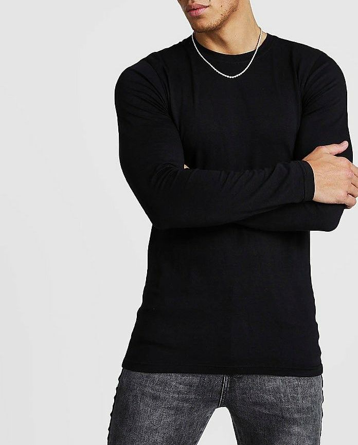 Black Muscle Fit Long Sleeve Henley T-Shirt|Size: S