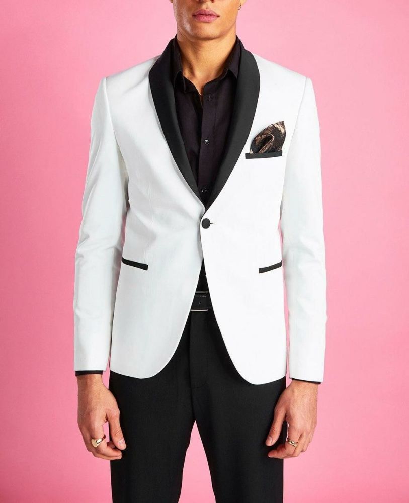 White Skinny Fit Tuxedo Suit Blazer|Size: 40