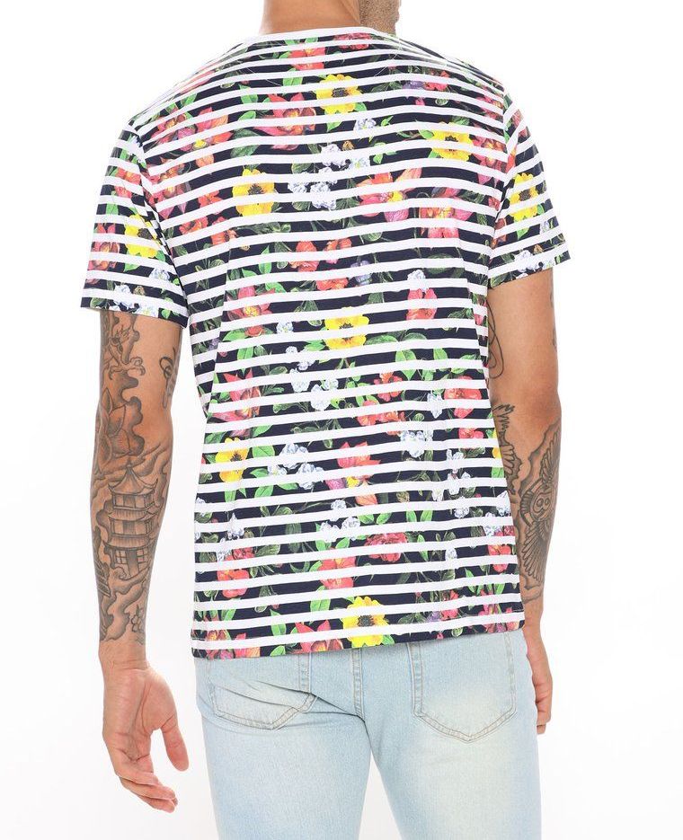 Tropical Print/Stripes Short Sleeve T-Shirt|Size: M