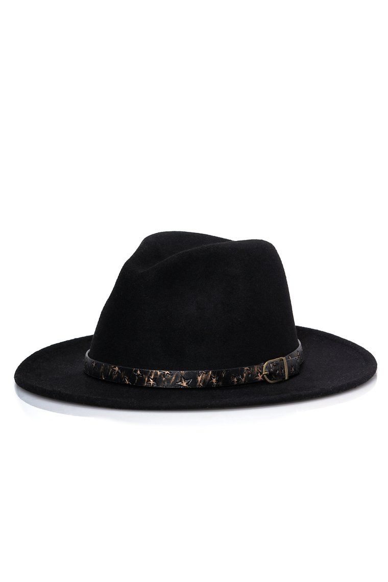 Black Full Brim  PU Strap Detail Fedora Hat|Size: OS