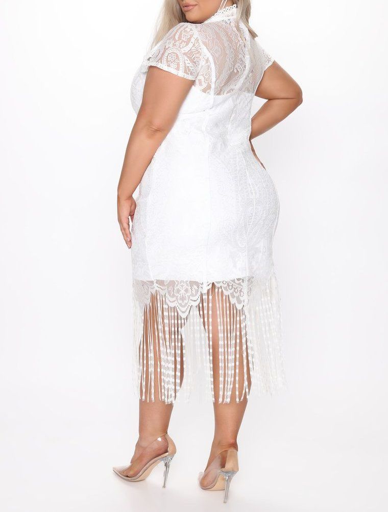 Size: ML White Bandage Mini Lace Overlay Short Sleeves Dress SKU: B08800