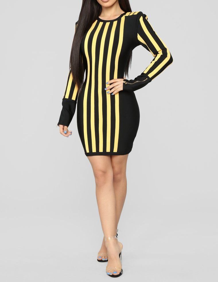 A099|Stripe Mini High Neck Long Sleeve Bandage Dress Size: S