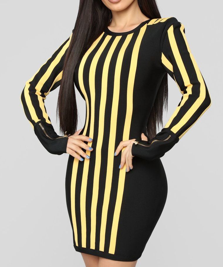 A099|Stripe Mini High Neck Long Sleeve Bandage Dress Size: S