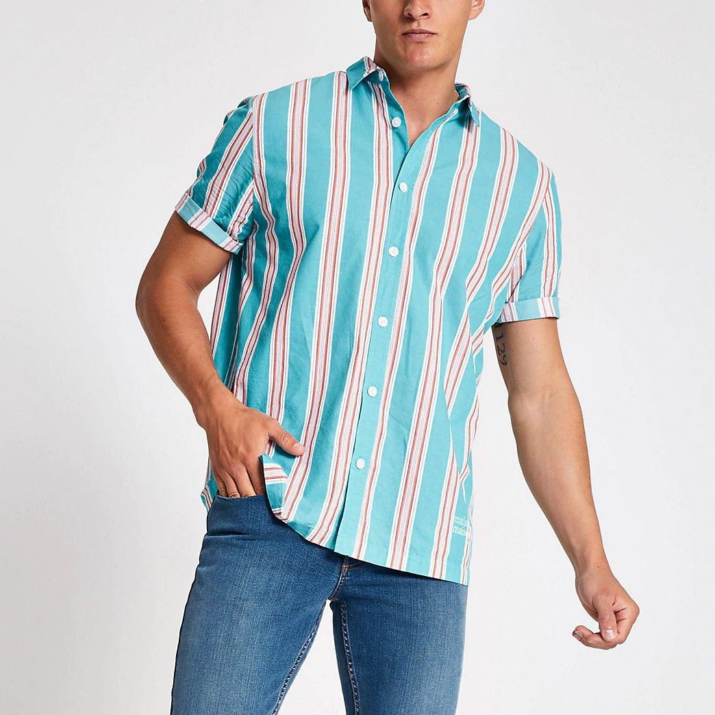 Blue Stripe Short Sleeve Regular Fit Shirt|Size: S