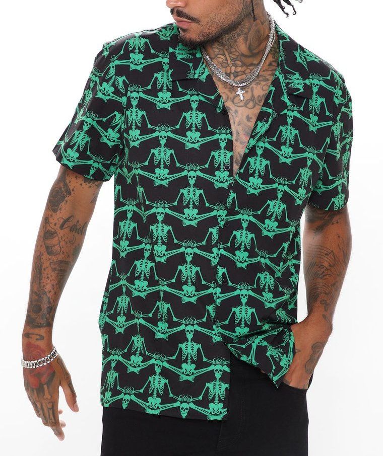 Black/Green Short Sleeve Printed Woven Shirt|Size: M