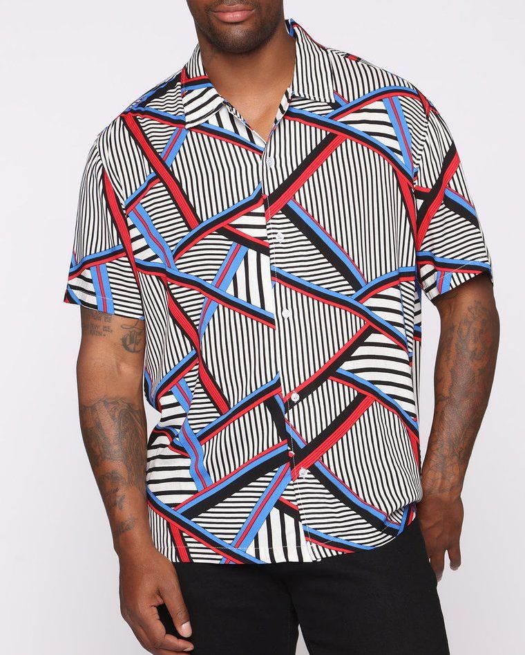 Fold Down Collar Short Sleeve Woven Shirt|Size: L