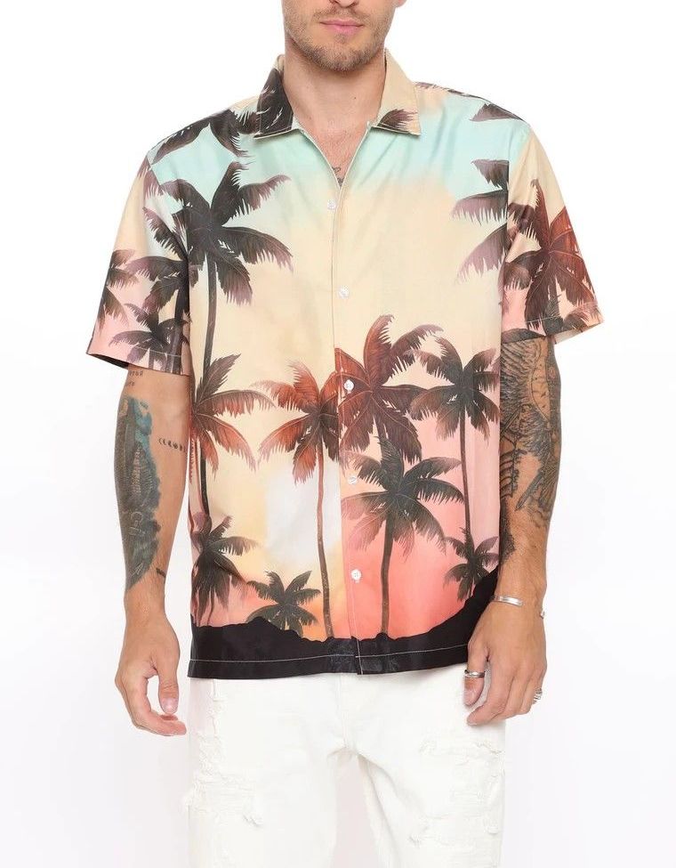Palm Print Short Sleeve Shirt|Size: L