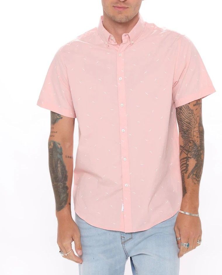 Pink Printed Short Sleeve Woven Shirt Size: XL