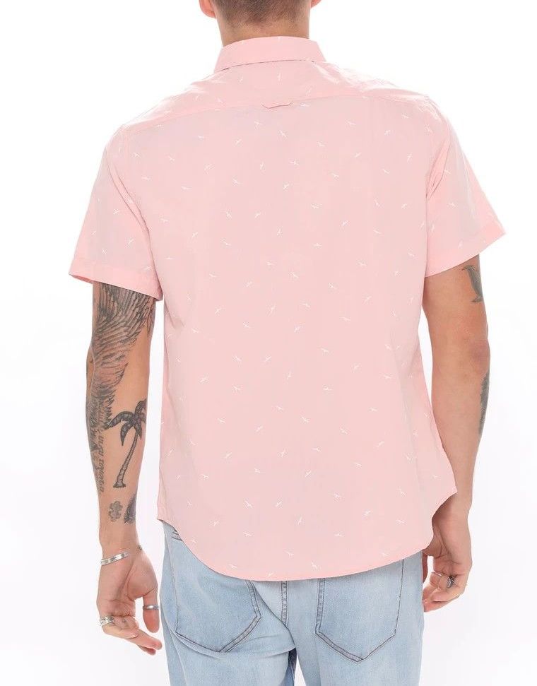 Pink Printed Short Sleeve Woven Shirt Size: XL