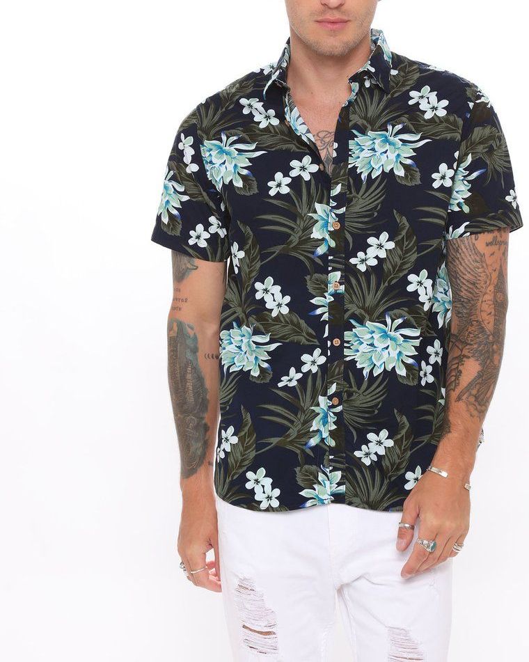 Floral Print Short Sleeve Woven Shirt|Size: M