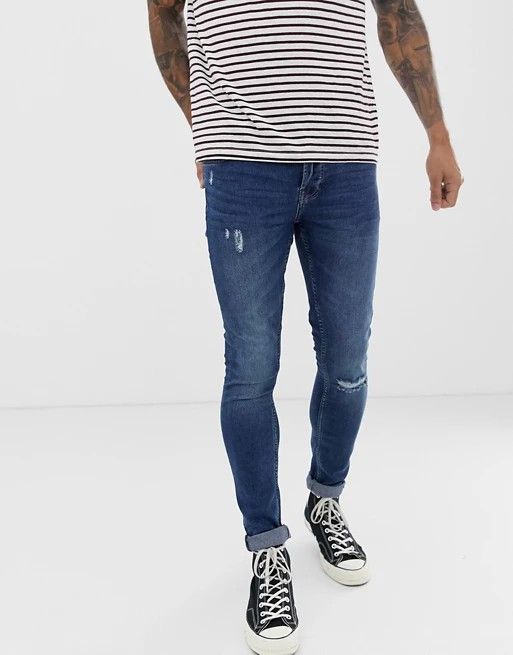 Blue Wash Super Skinny Fit Knee Rip Jeans|Size: W36 L34