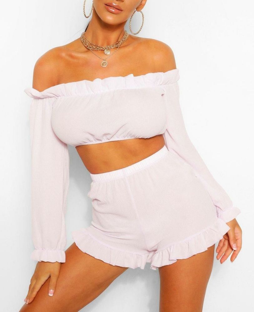Off The Shoulder Ruffle Detail Short Two-Piece Set