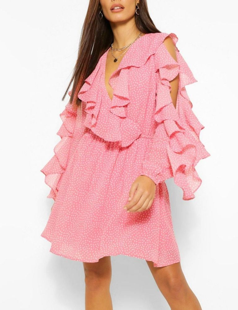 Pink/White Printed Ruffle Wrap Skater Dress Size: L