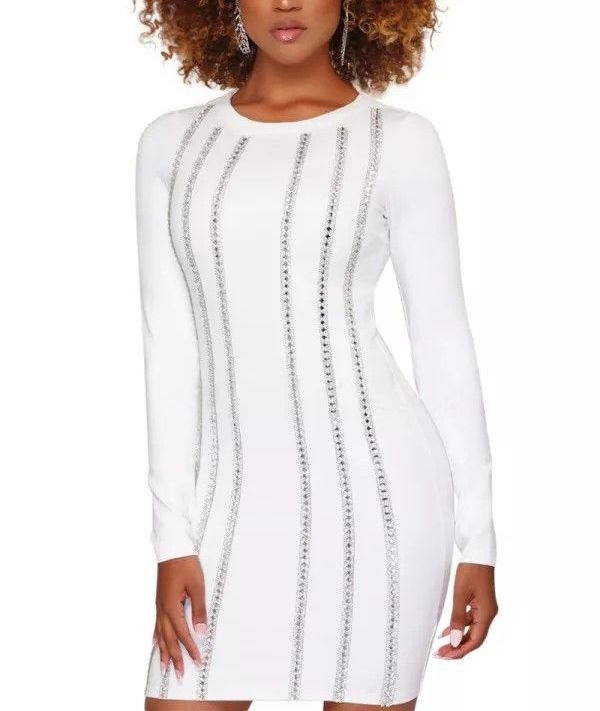 A220|White Long Sleeve/Rhinestone Embellished Mini Dress Size: S