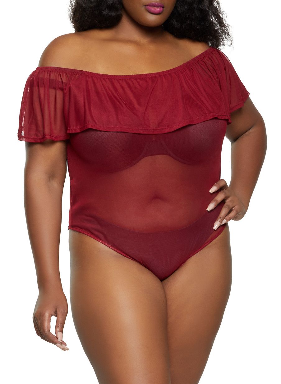 Red Off The Shoulder Sheer Bodysuit|Size: 3XL 