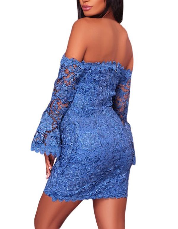 A224|Blue Fitted Overlay Off The Shoulder Crochet Mini Dress Size: S