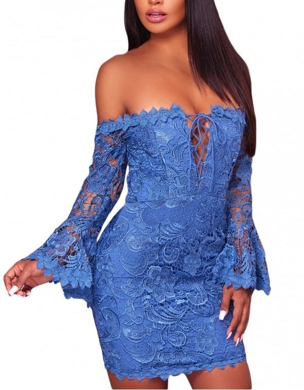 A224|Blue Fitted Overlay Off The Shoulder Crochet Mini Dress Size: S
