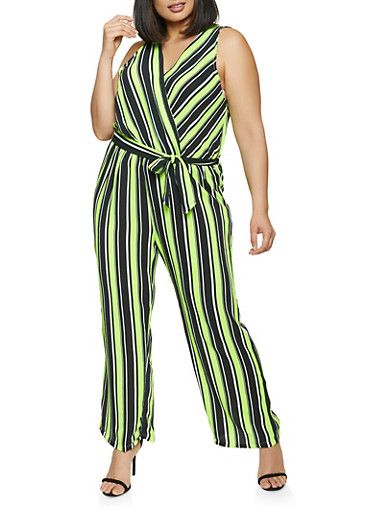 Neon Lime Wrap Striped Jumpsuit Size: 2XL