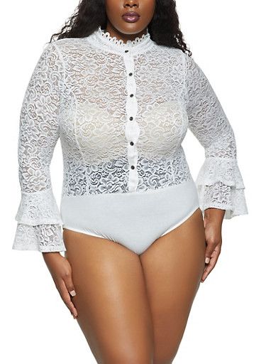 White Long Sleeve Lace Bodysuit Size: 1XL