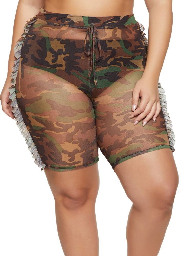 Camouflage Print/Ruffles Biker Shorts|Size: 1XL