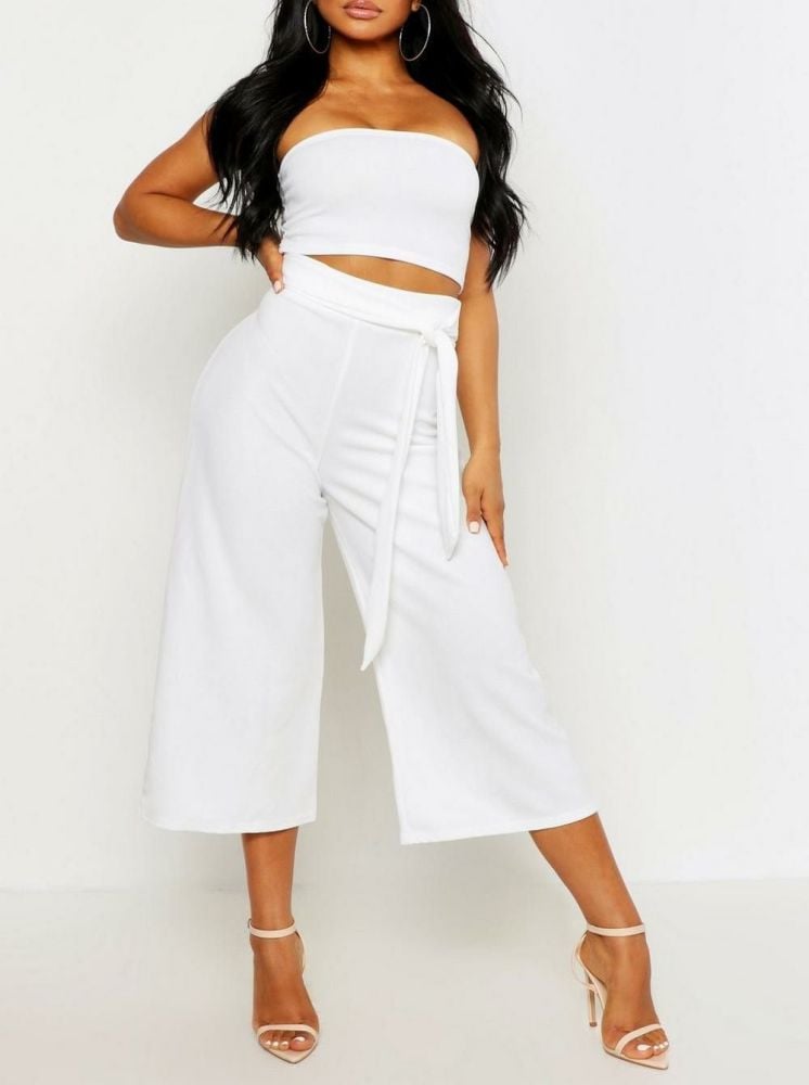 White Tie Waist Culotte Two-Piece Set|Size: M/L