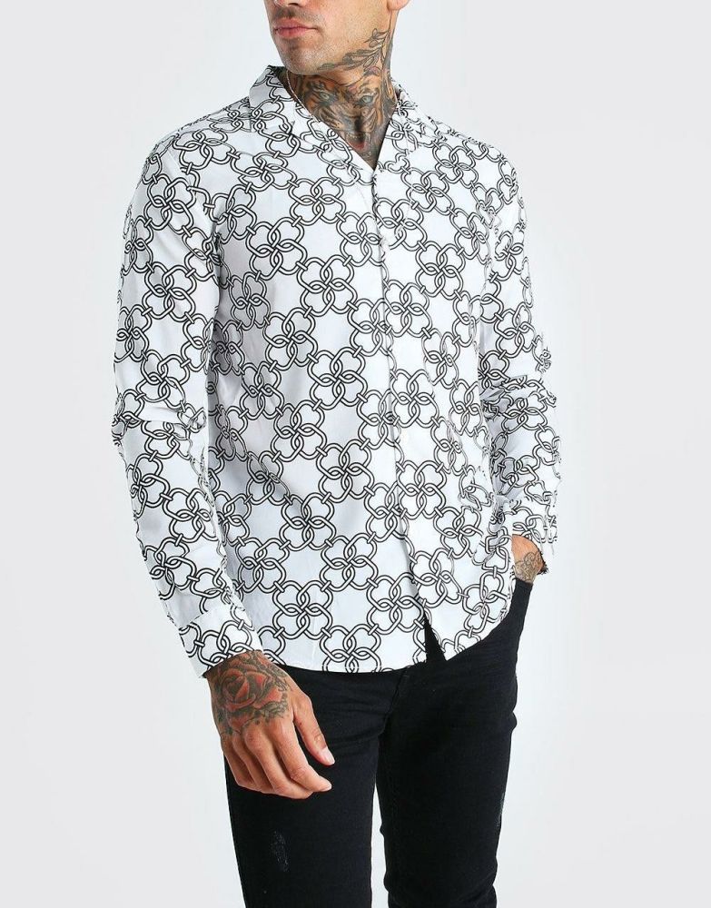 Oversized Long Sleeve Chain Print Shirt|Size: XS