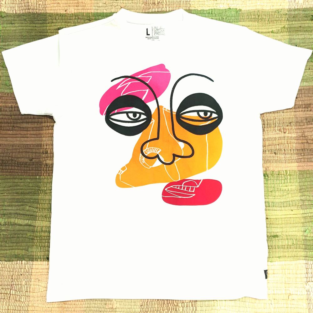 White Abstract Face Printed T-Shirt|Size: L
