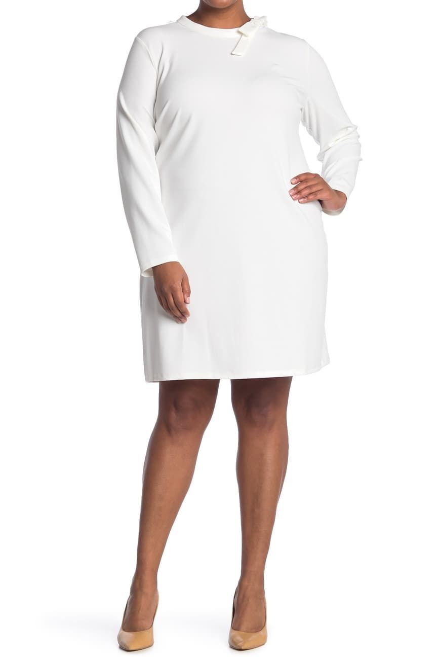 D082|White Long Sleeve Solid Tie Dress|Size: 1XL