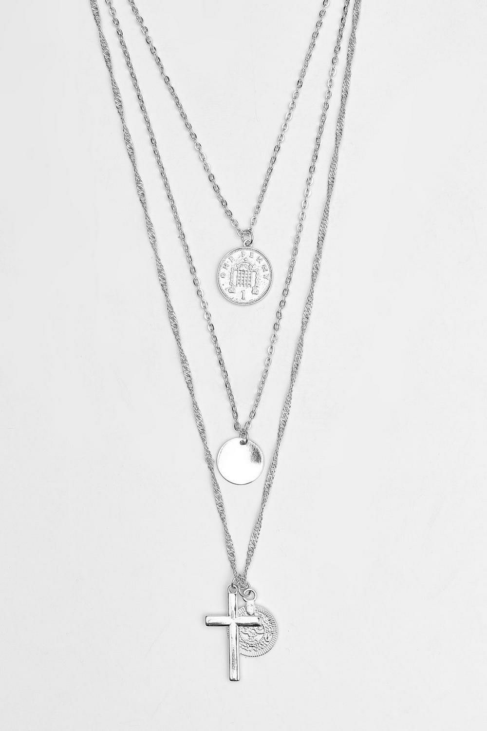 Silver Multi Layer Coin/Cross Necklace