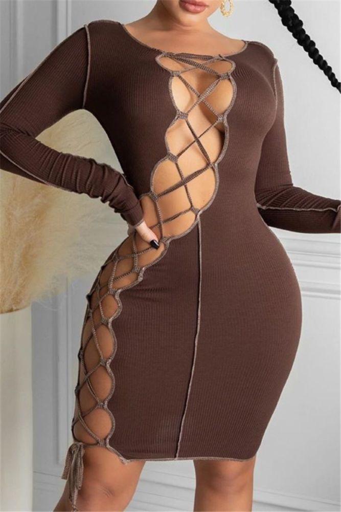 Buy 2 for $25 Stretch lace-up Long Sleeve Sexy Dress Size: L #C096