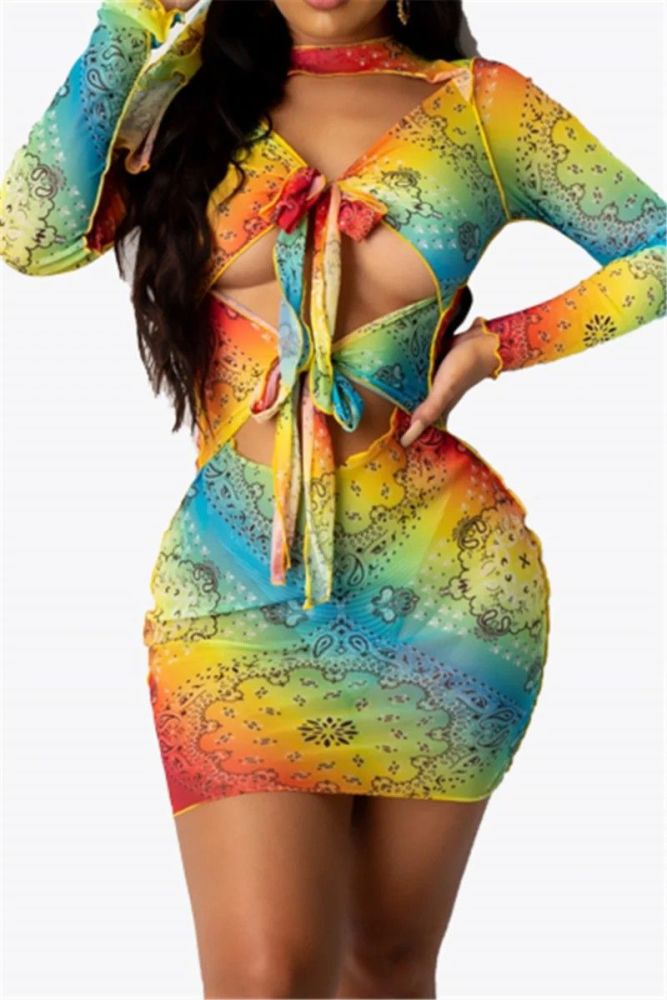 B227|Multicolor Printed Hollow Out Stretch Slim Dress Size: M