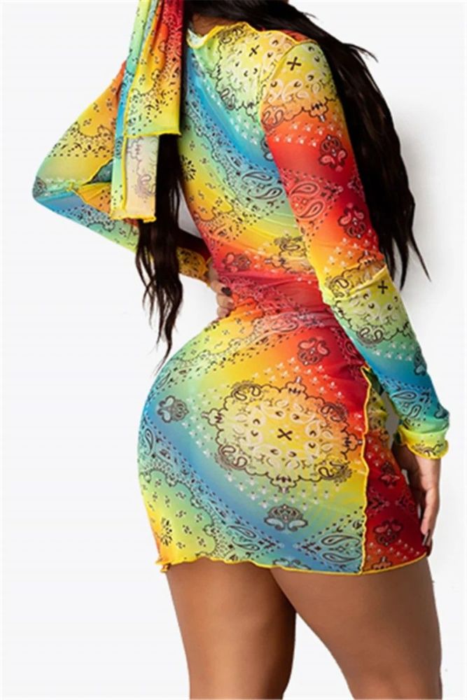 B227|Multicolor Printed Hollow Out Stretch Slim Dress Size: M