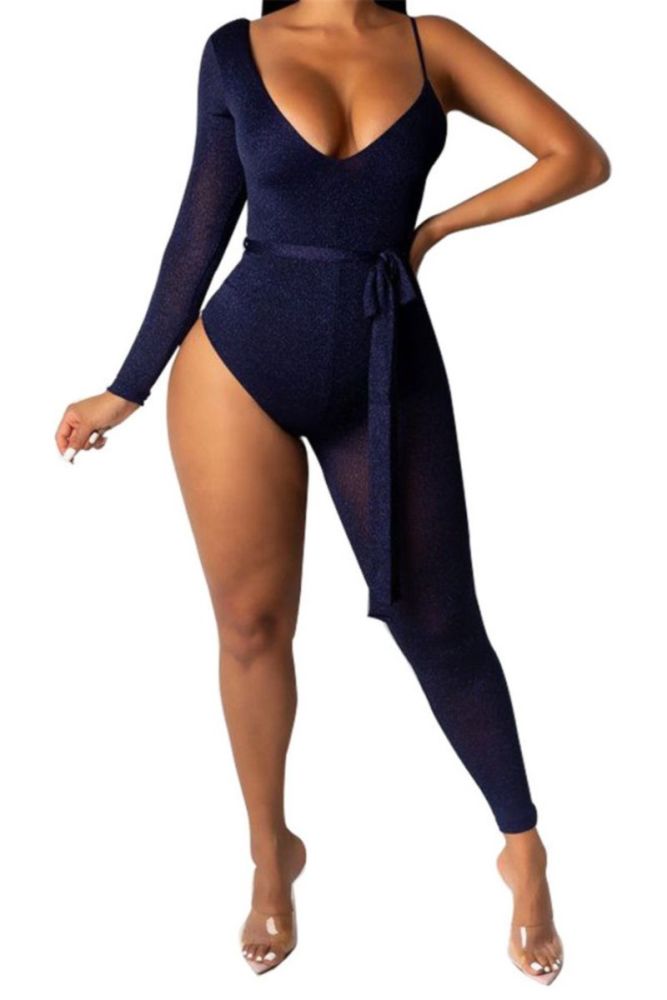 Blue/Stretch Shimmer Jumpsuit With Belt|Size: M