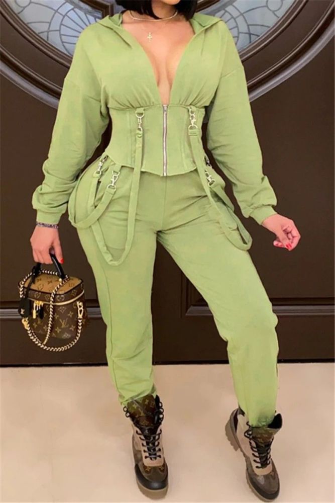 Green Long Sleeve Zip-up Hooded Two-piece Set Size: S