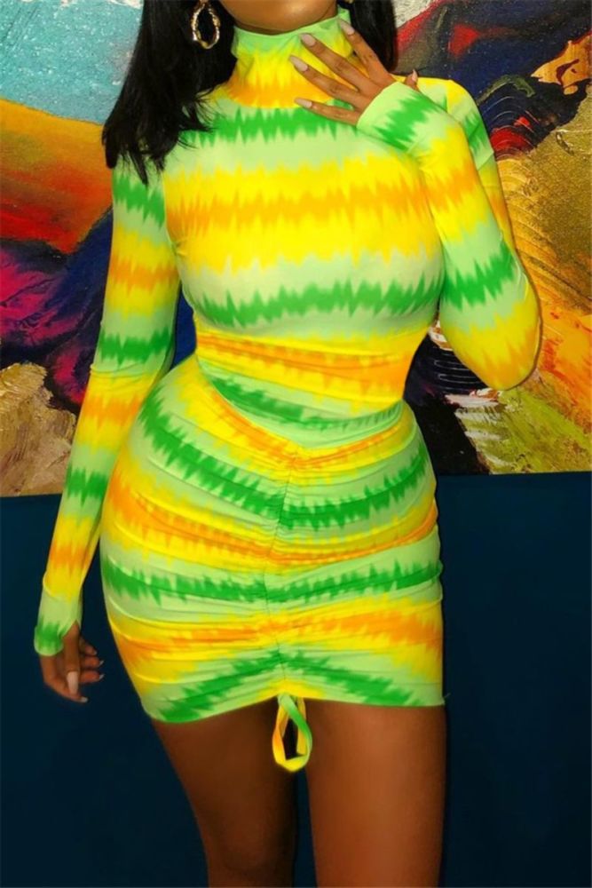 Buy 2 for $25 Green/Yellow High Neck Long Sleeve Sexy Dress Size: M SKU: M98099