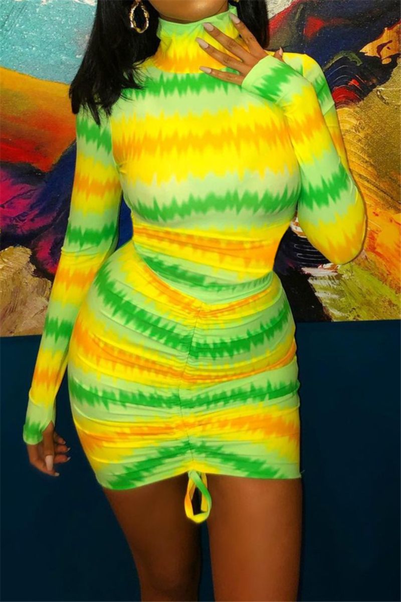 B022|Green/Yellow High Neck Long Sleeve Sexy Dress Size: M