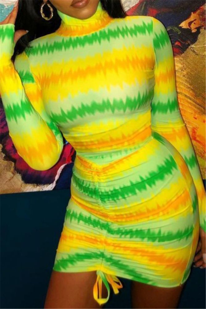 Buy 2 for $25 Green/Yellow High Neck Long Sleeve Sexy Dress Size: M SKU: M98099