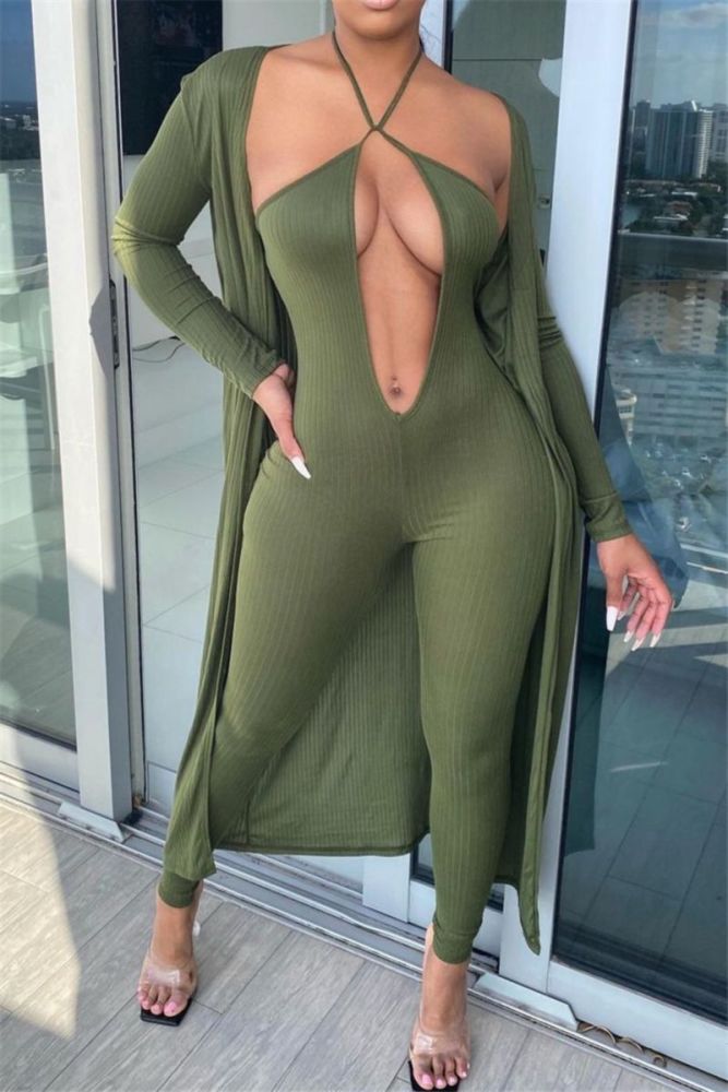 Green Halter-neck/ Jumpsuit With Cardigan Two-piece Set Size: L