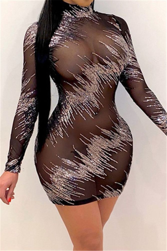 A086|Black/Silver See Through Mesh/Stretch Sequins Dress Size: S