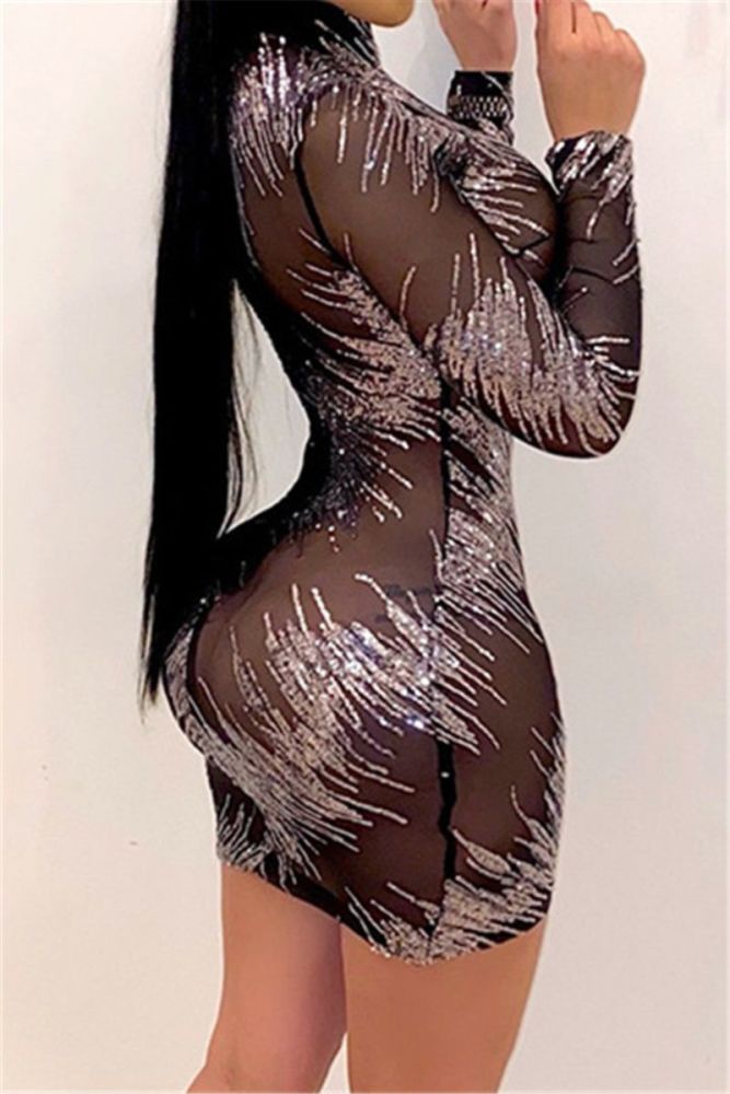 A086|Black/Silver See Through Mesh/Stretch Sequins Dress Size: S
