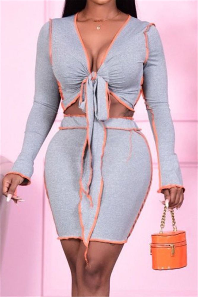 Tie Front Sexy Long Sleeve Two-piece Set|Size: M/L