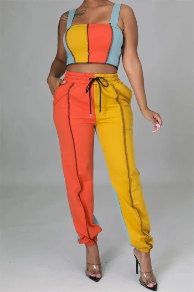 Long Sleeve Stretch Colorblock Two-piece Set Size: L