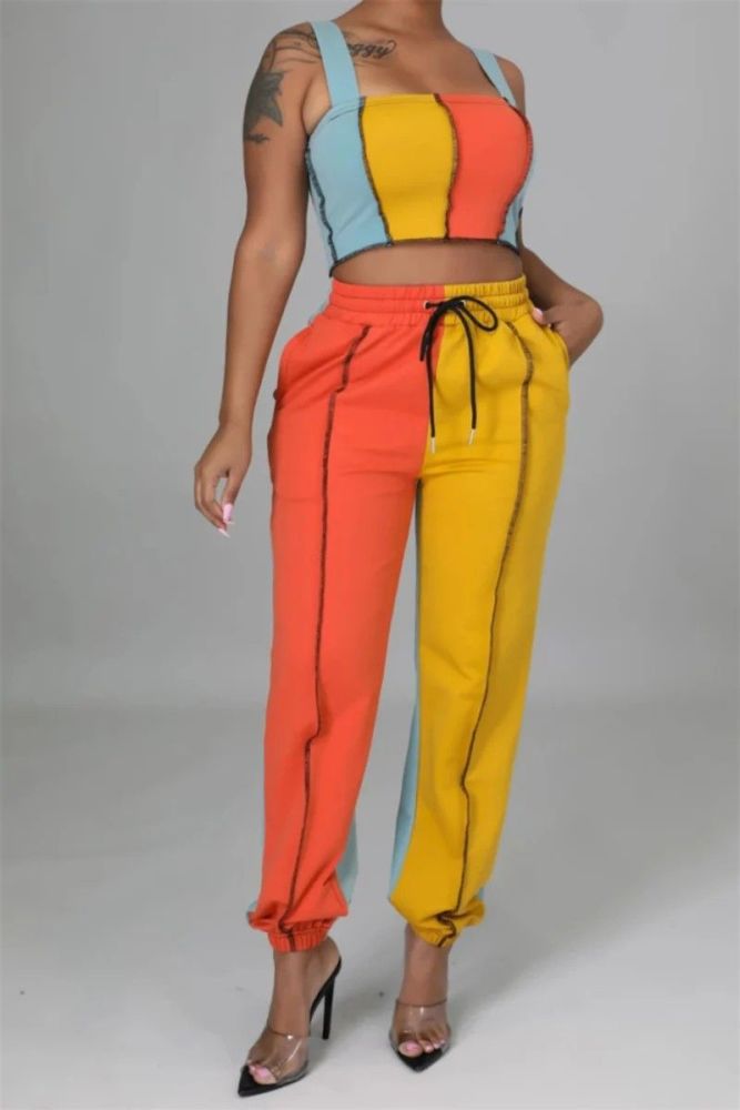 Long Sleeve Stretch Colorblock Two-piece Set Size: L