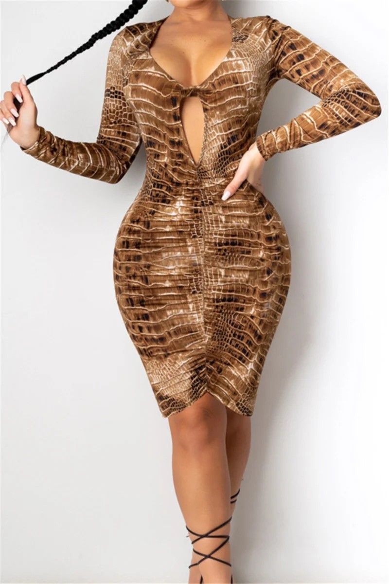 C206 Snakeskin print Stretch Low cut Mini Dress Size L