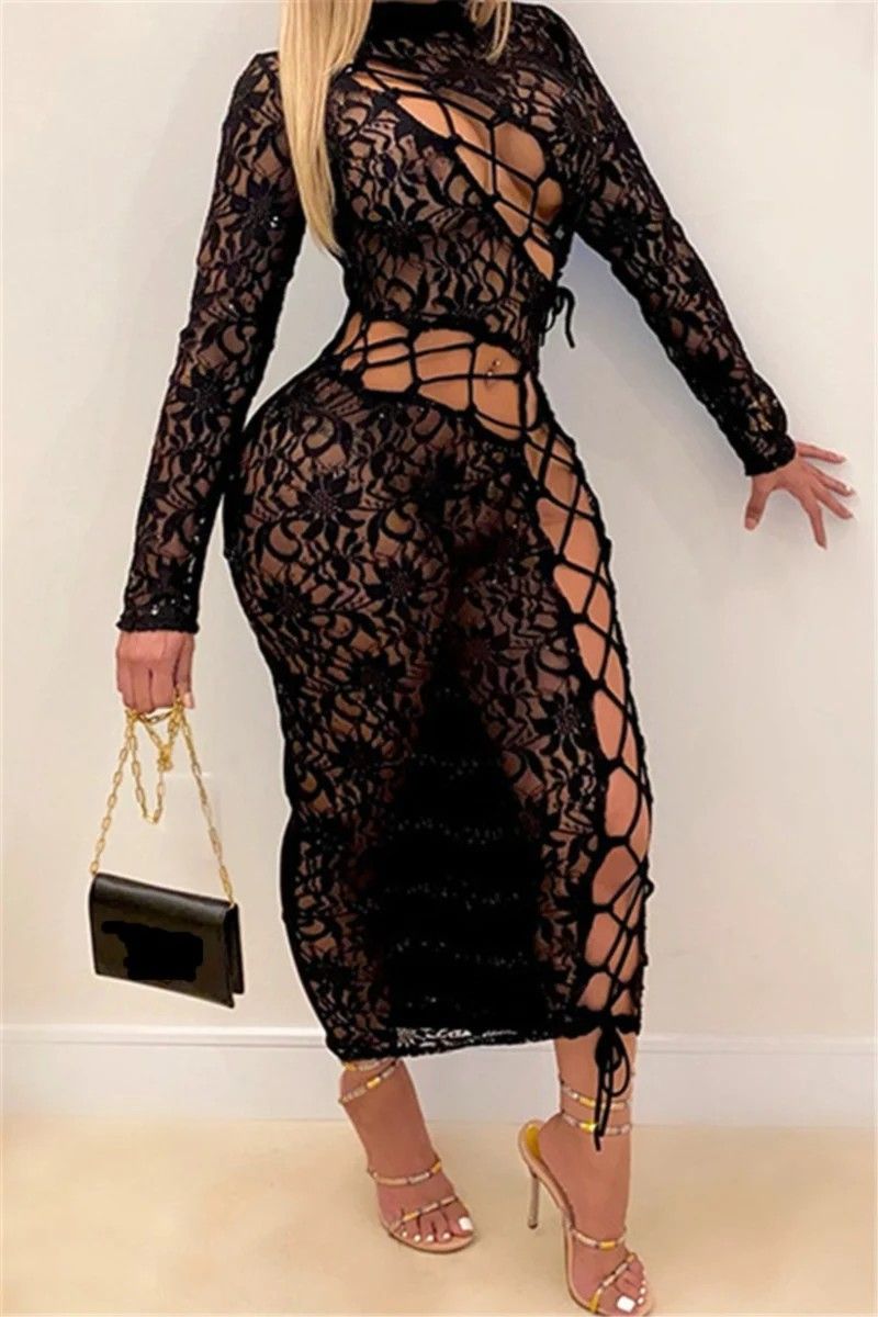 C111|Black See Through Stretch Lace Dress|Size: L