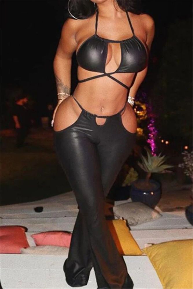 Black Open Back Leather Two-piece Set Size: S